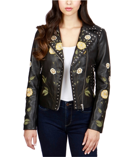 Lucky Brand Womens Embroidered Motorcycle Jacket black L