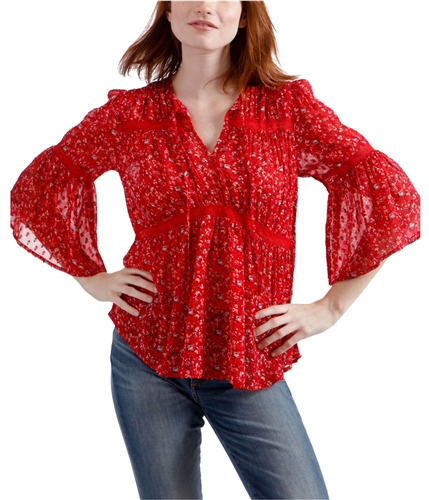 Lucky Brand Womens Lace Detail Peasant Blouse red XS