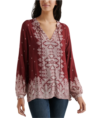 Lucky Brand Womens Border Print Peasant Blouse red XS