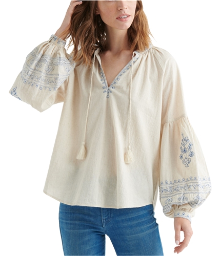 Lucky Brand Womens Embroidered Peasant Blouse white XS