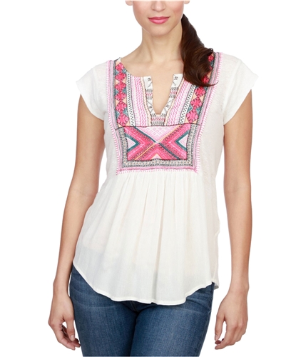 Lucky Brand Womens Embroidered Bib Knit Blouse ohj XS