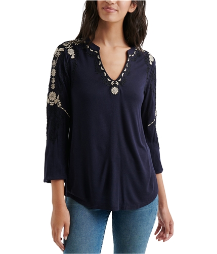 Lucky Brand Womens Embroidered Sleeve Peasant Blouse navy XS
