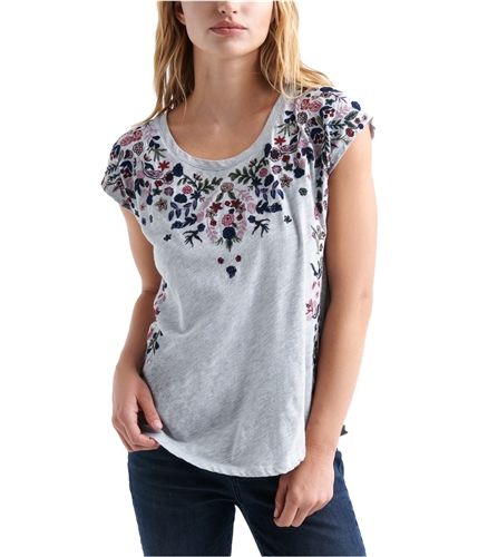 Lucky Brand Womens Embroidered Embellished T-Shirt medgray XS