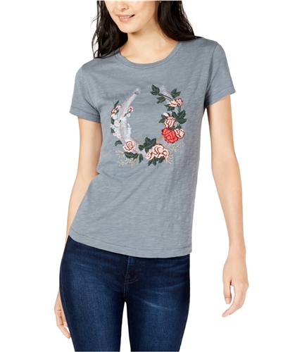 Lucky Brand Womens Floral Wreath Embellished T-Shirt gray XS
