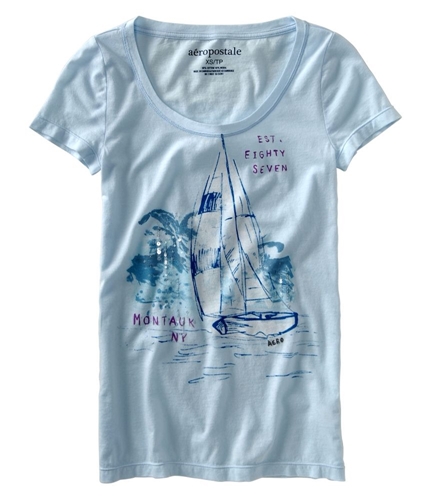 Aeropostale Womens Montauk Ny Wide Neck Graphic T-Shirt paleblueaqua XS