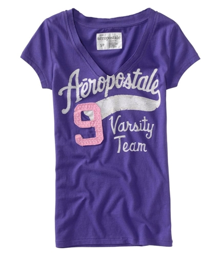 Aeropostale Womens Vneck #9 Varsity Team Sleeve Graphic T-Shirt purple XS