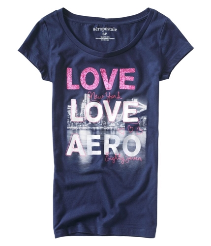 Aeropostale Womens Glitter Love New York Graphic T-Shirt navyni S