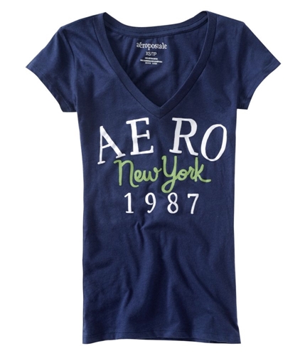 Aeropostale Womens Aero New York 1987 V-neck Graphic T-Shirt navyni XS