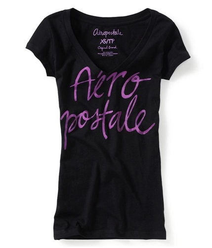 Aeropostale Womens V-neck Screen Print Graphic T-Shirt black XS