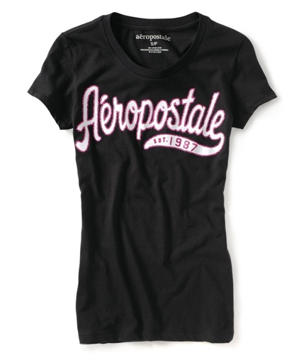 Aeropostale Womens 1987 Glittercript Graphic T-Shirt black XS