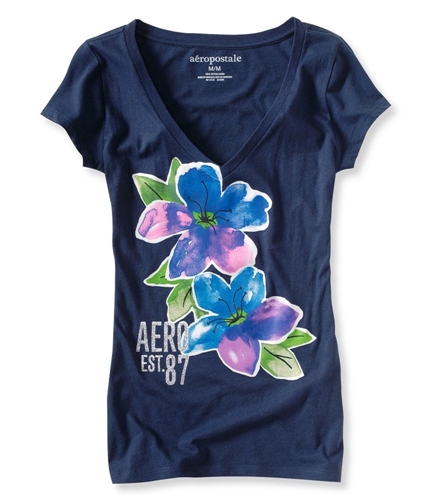 Aeropostale Womens Floral Glitter V-neck Graphic T-Shirt navyni XS