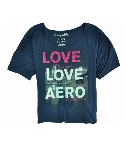 Aeropostale Womens Glitter Love New York Sleeve Graphic T-Shirt navyniblue XL