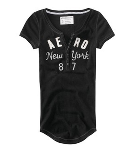 Aeropostale Womens Stretch New York Embroidered Henley Shirt black XS