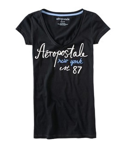 Aeropostale Womens V-neck Sleeve Est 87 Graphic T-Shirt black XS
