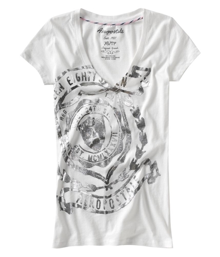 Aeropostale Womens Shimmer Stamped Seal V-neck Graphic T-Shirt bleachsilver XS
