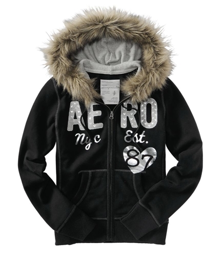 Aeropostale Womens Aero Nyc Furry Full-zip Hoodie Sweatshirt black XS