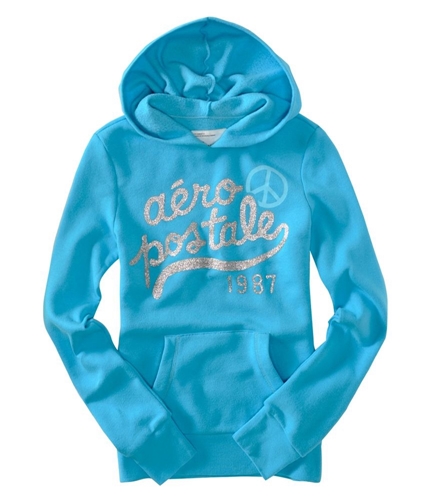 Aeropostale Womens Peace Sign Glitter Popover Hoodie Sweatshirt turquoise XS