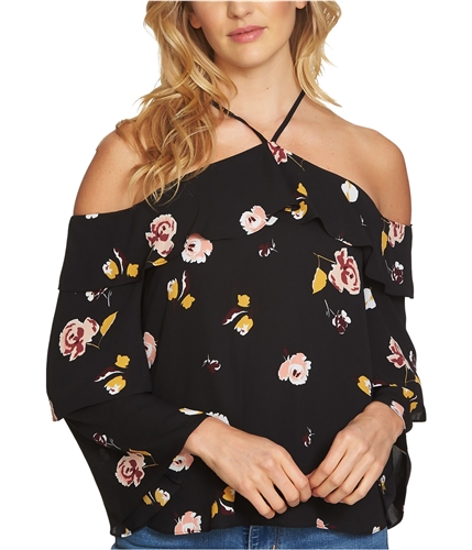 1.STATE Womens Printed Off the Shoulder Blouse richblack XS