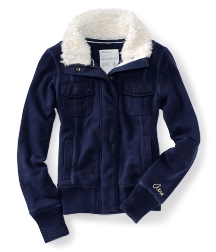 Aeropostale Womens Zipper Fur Collar Fleece Jacket navyniblue XS