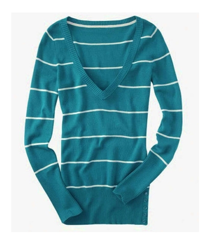 Aeropostale Womens Stripe V-neck Knit Sweater peacockgreen XS