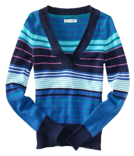 Aeropostale Womens Multicolortripe V-neck Pullover Sweater seaportblue XS