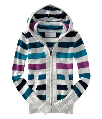 Aeropostale Womens Stripe Knit Zip Up Hooded Sweater navynightblue XS