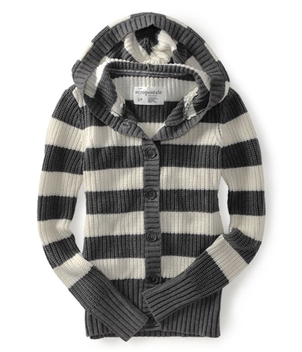 Aeropostale Womens Stripe Knit Button Down Hooded Sweater mediumgray S