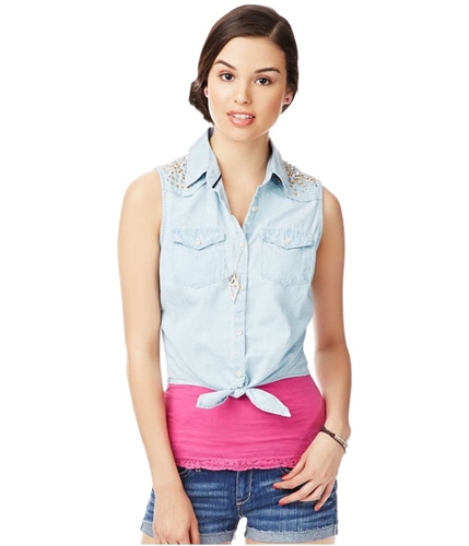 Aeropostale Womens Chambray Embellished Button Up Shirt 485 S
