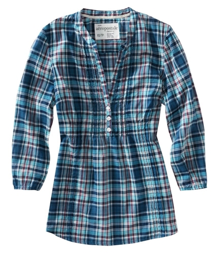 Aeropostale Womens 3/4 Sleeve Buttoned Gingham Henley Blouse fogblue XS