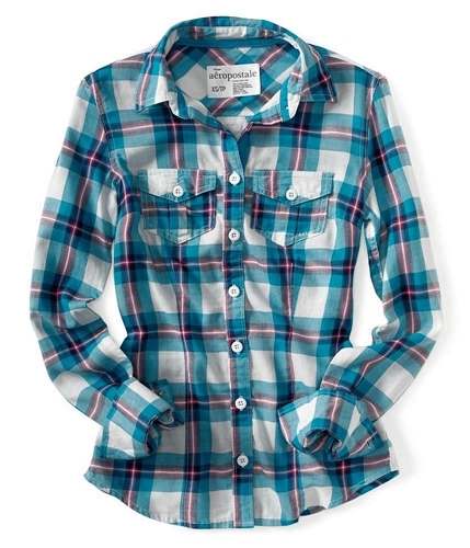 Aeropostale Womens Plaid Flannel Long Sleeve Button Up Shirt blueti XS