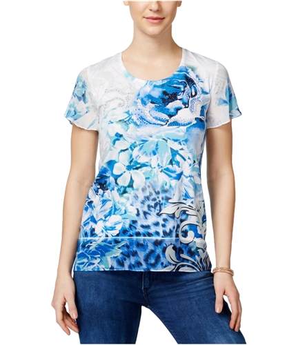 JM Collection Womens Floral Rhinestone Embellished T-Shirt auoramedallion L