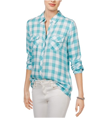 maison Jules Womens Gingham Long Sleeve Button Up Shirt aquacombo M