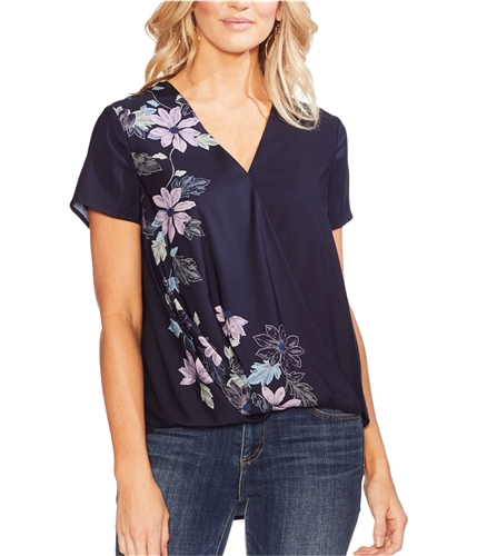 Vince Camuto Womens Satin Floral Wrap Blouse darkblue XS