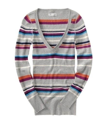 Aeropostale Womens V-neck Stripe Knit Sweater lththrgray M