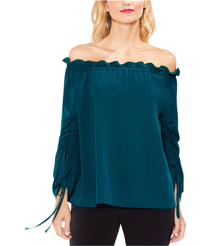 Vince Camuto Womens Ruched Sleeve Off the Shoulder Blouse dkpeacock L