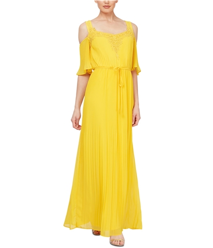 SLNY Womens Embroidered Cold Shoulder Maxi Dress yellow 6