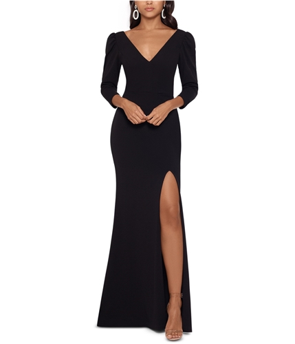 Betsy & Adam Womens Solid Puff-Sleeve V-Neck Gown Dress blk 4