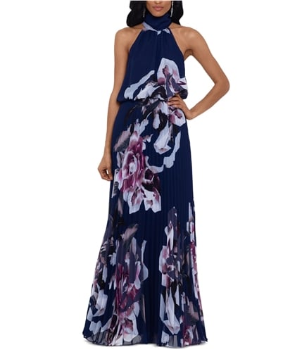 Betsy & Adam Womens Floral Chiffon Blouson Maxi Pleated Dress blue 6