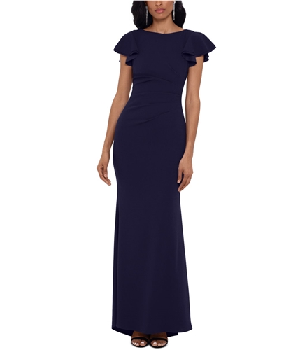 Betsy & Adam Womens Ruched Ruffle-Sleeve Fit & Flare Gown Dress navy 2P