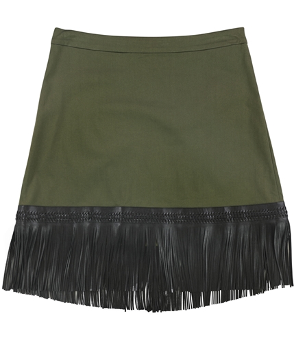 Alexis Womens Faux Leather Fringe A-line Skirt darkgreen L