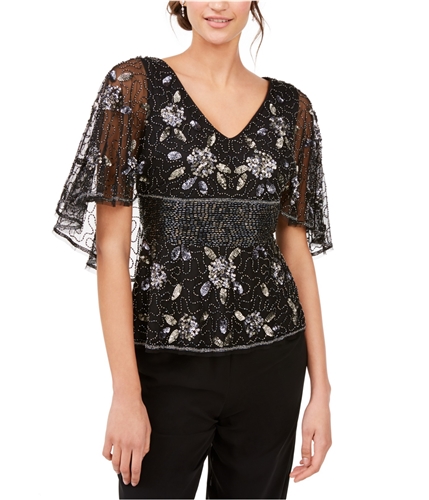 Adrianna Papell Womens Beaded Pullover Blouse black 12