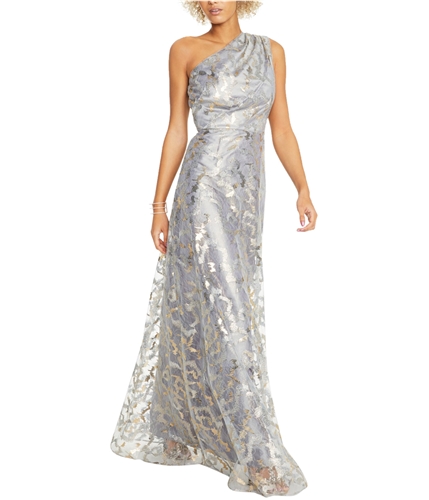 Adrianna Papell Womens Shimmer Gown One Shoulder Dress icebluegold 2