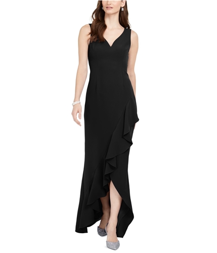 Adrianna Papell Womens Solid Asymmetrical Gown Ruffled Dress black 0