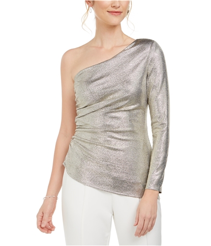 Adrianna Papell Womens Shiny One Shoulder Blouse gold 2