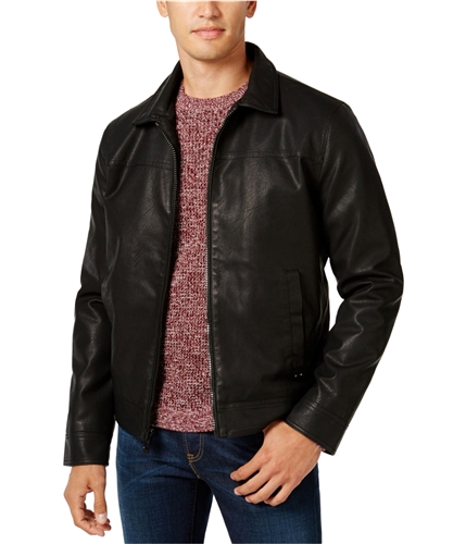 Calvin Klein Mens Full Zip Faux-Leather Jacket black 2XL