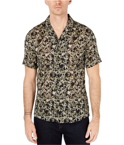 Michael Kors Mens Leaf Print Button Up Shirt black XL