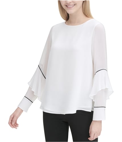 Calvin Klein Womens Ruffle-Sleeve Pullover Blouse white L