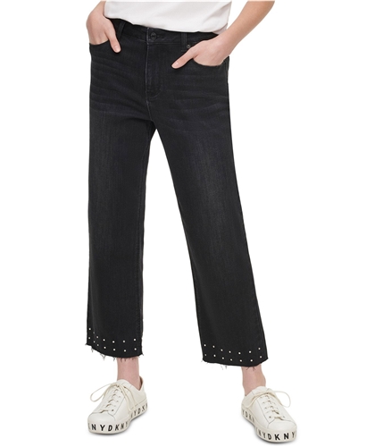 DKNY Womens Studded Raw-Hem Cropped Slim Straight Leg Jeans black 32x24