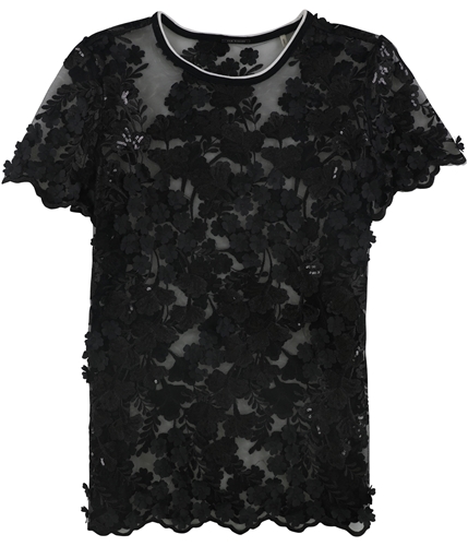 Elie Tahari Womens Mesh Floral Embellished T-Shirt black XS