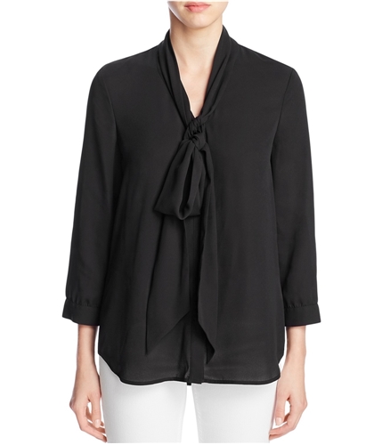 Finity Womens Tie Neck Button Up Shirt black 10